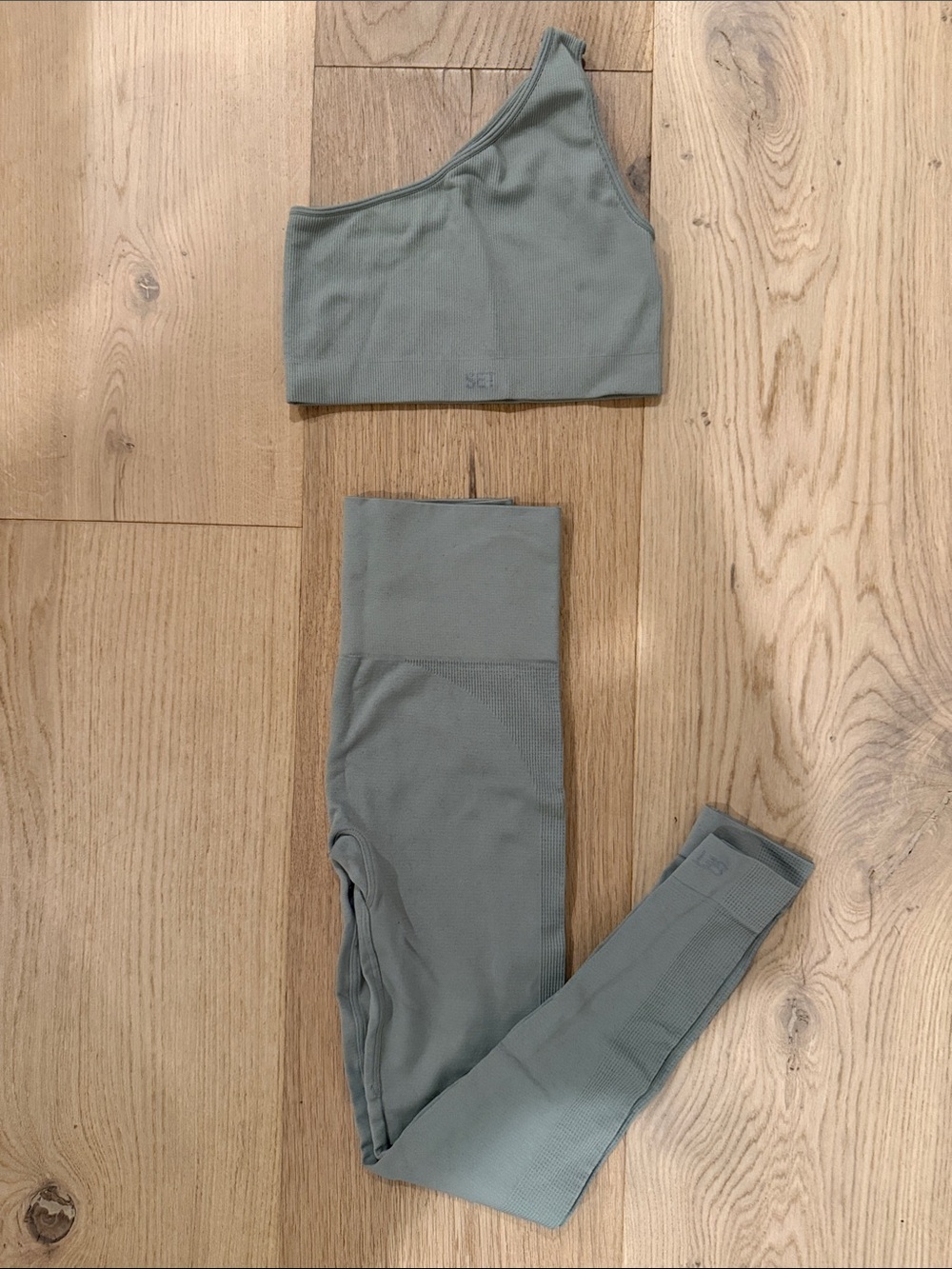 SET Active One-Shoulder Ribbed Crop Top & High-Waist Leggings Set - Sage Green